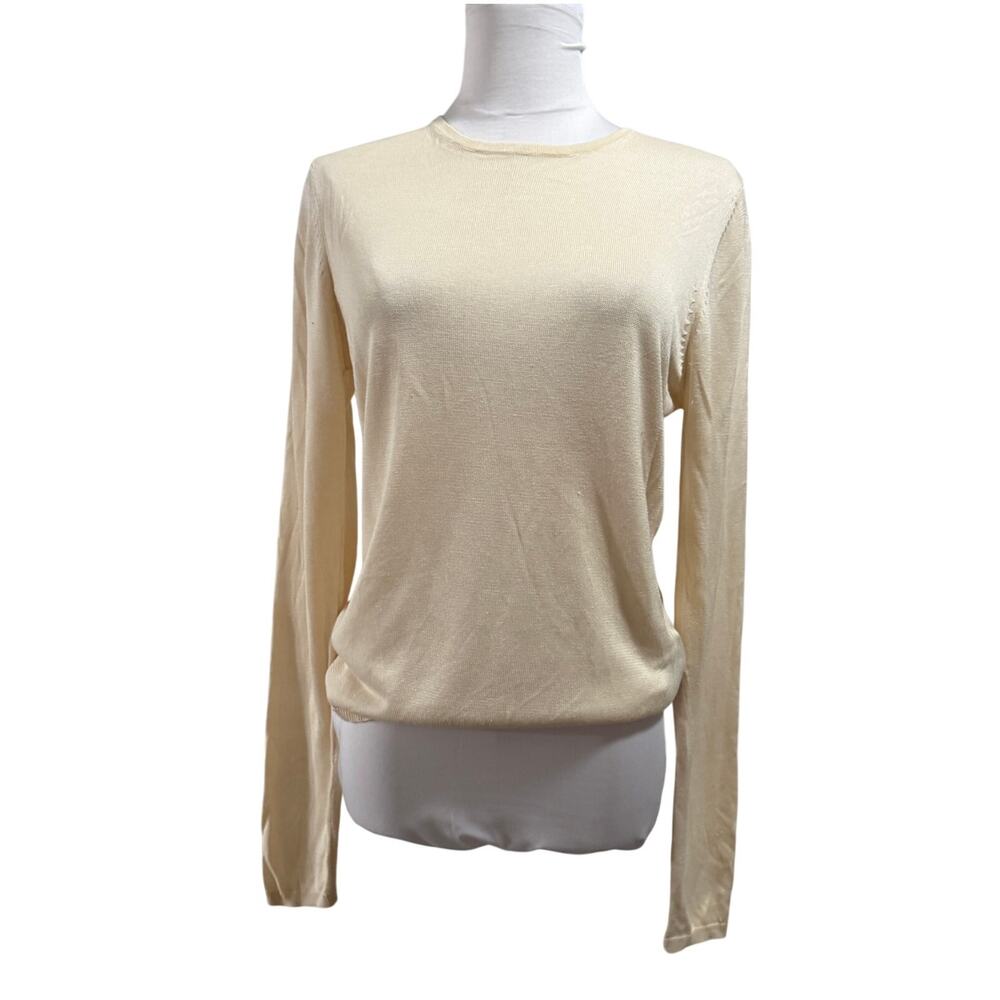 August Silk Blend Cream Lightweight Crewneck Sweater Medium Chic Old Money Luxe